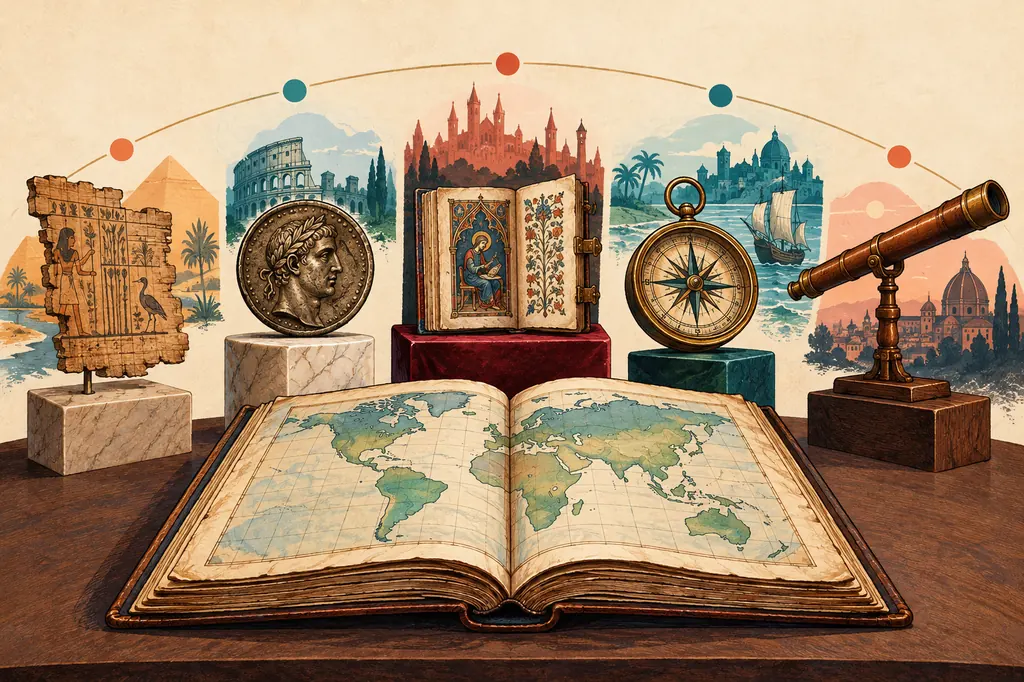 A world atlas surrounded by historical objects from ancient, medieval, and early modern eras